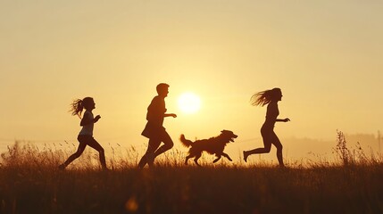 Family silhouette running with dog at golden sunset meadow fun pets field sport happy image photo