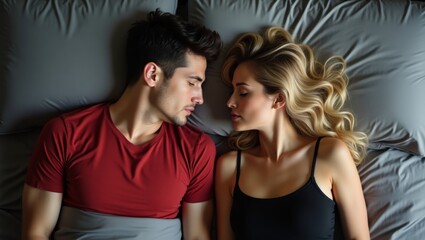 Fototapeta premium Serene moment highangle photograph of a man and woman resting in bed with soft gray bedding and symmetrical composition