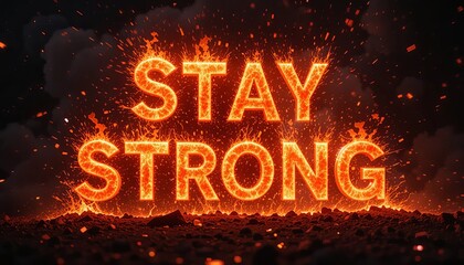 Fiery stay strong text effect with sparks and dark background in a motivational image design style