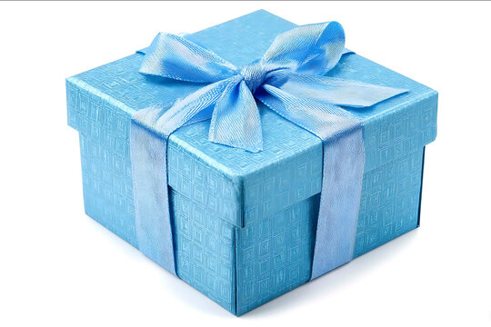 Square blue gift box with glossy wrapping and subtle pattern texture tied with a light blue satin ribbon and bow isolated on white background clean studio lighting highresolution pr