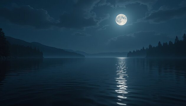 A serene night scene featuring a full moon over a calm lake surrounded by forested mountainsides