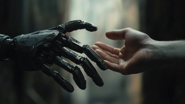 A futuristic robot hand reaching out to connect with a human hand