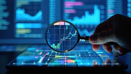 Market analysis and business strategy. Financial and statistical data dashboard.Analyst magnifying graphs and charts.