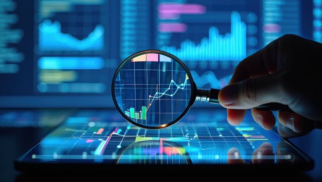 Market analysis and business strategy. Financial and statistical data dashboard.Analyst magnifying graphs and charts.