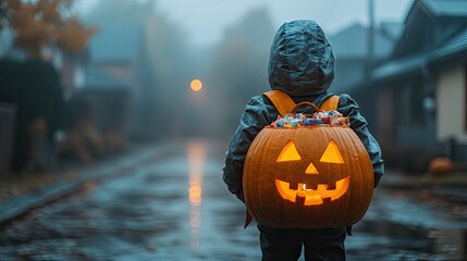 Child trick-or-treating on a rainy Halloween night. A young child, wearing a hooded jacket and carrying a carved pumpkin backpack filled with candy, walks down a misty street