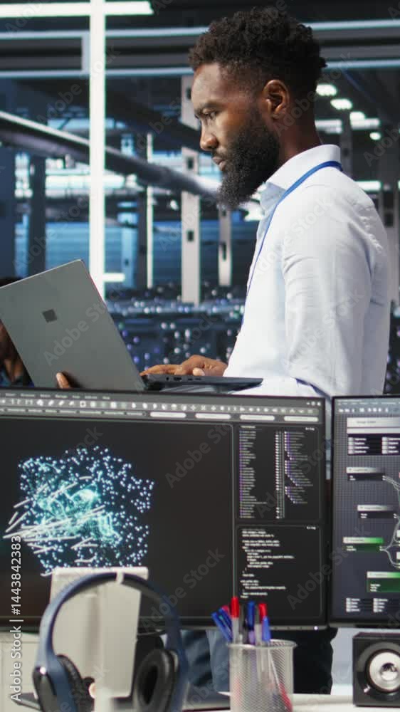 Poster vertical video data center system administrator analyzing infrastructure issues using node tree tool