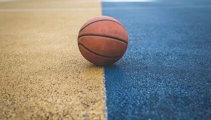 Basketball on a court.  A close-up shot of an orange basketball resting on a two-toned court.