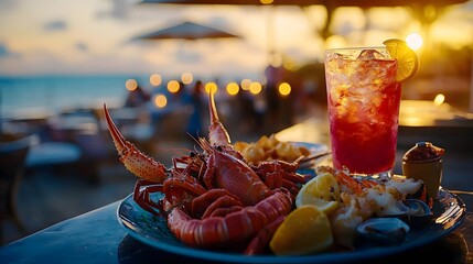 Iced seafood platter and cocktail under candlelight