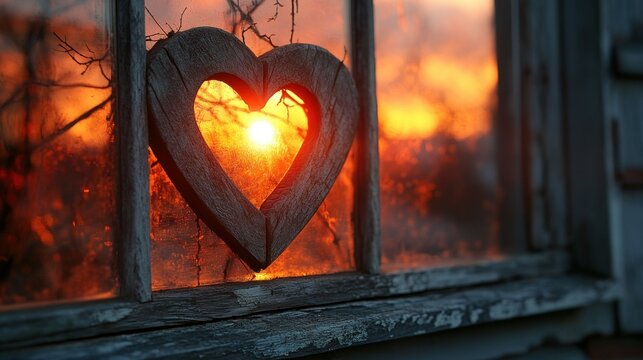 Heart-shaped wooden cutout window at sunset