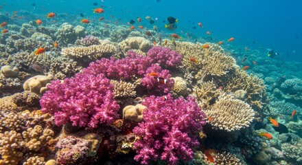 Obraz premium Vibrant underwater ocean scene with colorful clownfish swimming among bright soft coral on a tropical reef ecosystem, used for marine life and nature conservation concepts.