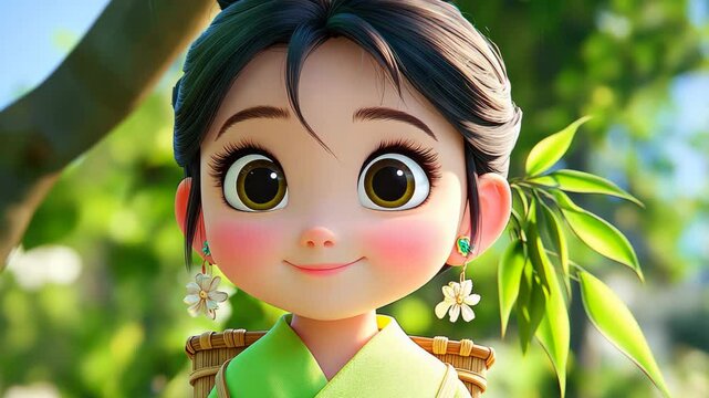 A cute girl with stylish earrings, carrying a bamboo basket, dressed in vibrant Chinese clothing, exudes spring vibes.