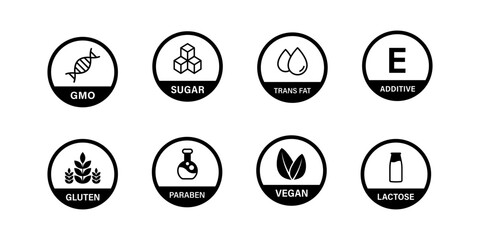 Fototapeta premium Product nutrition icons. Gluten, vegan, sugar, gmo, lacotose organic icon. Allergy product symbol collection. Vector icons