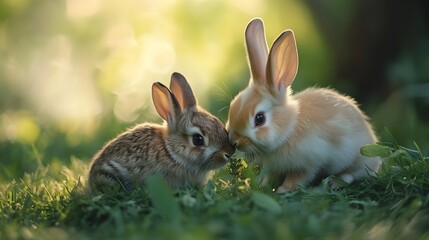 Pet rabbits grazing on the grass