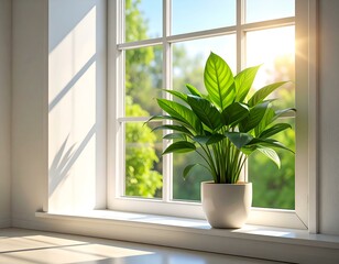 Fototapeta premium Serene houseplant in a white pot basking in sunlight by a window overlooking a lush green garden.
