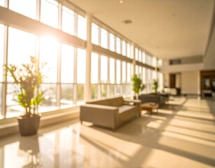 Fototapeta premium Sunlit modern office lobby with large windows, blurred background, comfortable seating, and potted plants. Ideal for showcasing tranquility, serenity, and modern architecture.