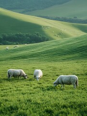 Obraz premium Leisurely flocks of sheep on the grassland in summer