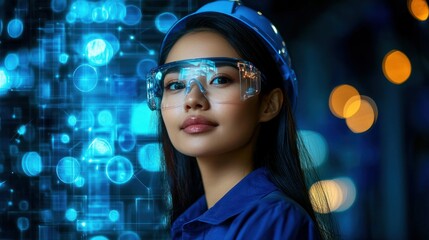 Woman in hardhat with tech overlayed on her face