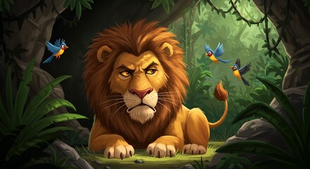 Grumpy cartoon lion in jungle illustration