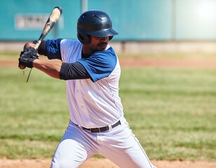 Obraz premium Baseball player swinging bat, focused, determined expression, sunny day, baseball field background.