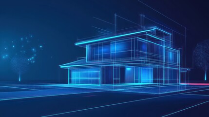 Futuristic architectural blueprint visualization of an eco-friendly dwelling