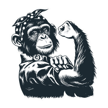 Monkey with ribbon on head &ndash; Black and White Icon Vector and Illustration