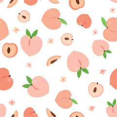 Seamless pattern with peaches, seeds, and flowers summer background.