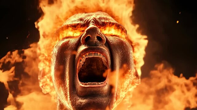 An intense 3D character illustration conveys torment through fiery visuals and sharp contrasts of pain and anguish.