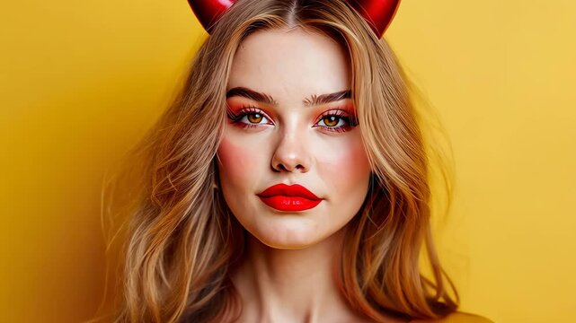 A stunning woman clad in a devil costume, complete with horns, stands out against a clean, simple background.