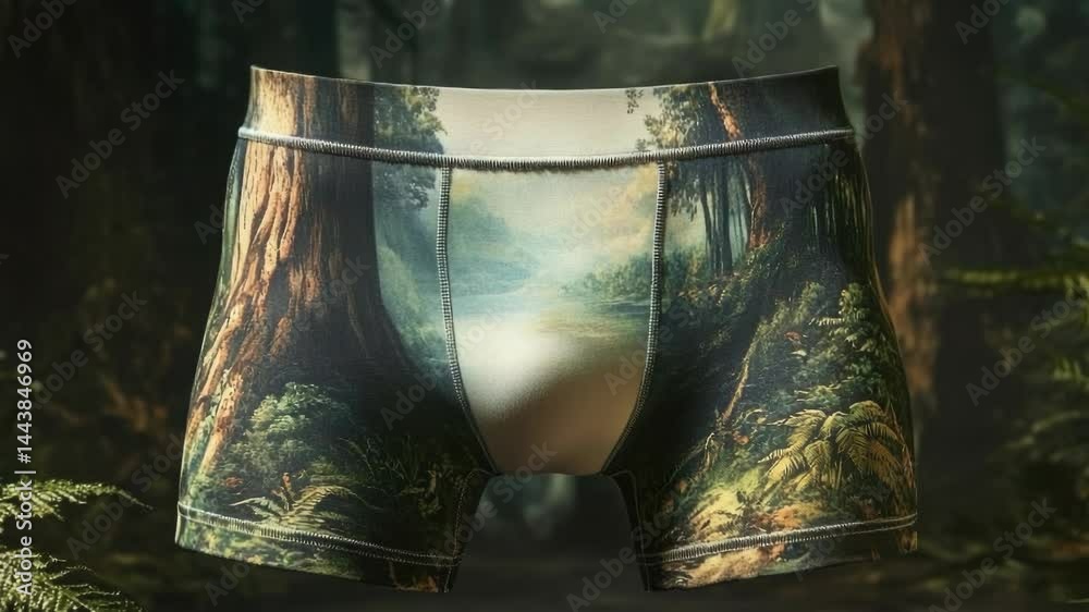 Poster a pair of men's underwear featuring a colorful forest scene printed on them