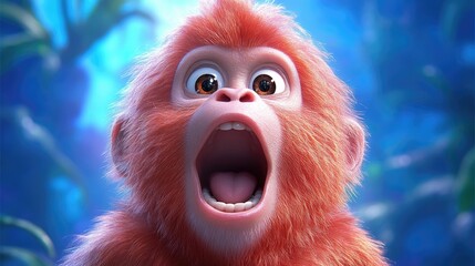 Animated baby monkey with wide-open mouth, expressive eyes, and vibrant orange fur.  Jungle backdrop