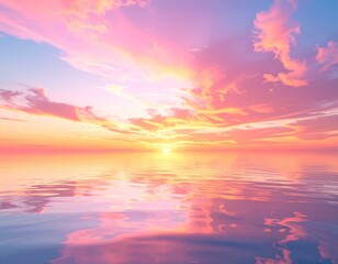 Fototapeta premium Peaceful pink and orange sunset reflecting on calm ocean water. Perfect for backgrounds, websites, or calming imagery.