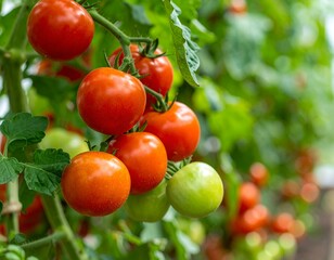 Ripe red tomatoes growing on the vine in a greenhouse.  A close-up shot showing the vibrant color and texture of the tomatoes.