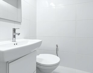 Modern white bathroom interior with sink, toilet, and tiled walls. Clean, minimalist design.