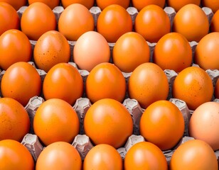 Close-up shot of a carton filled with brown eggs, one lighter in color.  Perfect for food blogs, cooking websites, and more!