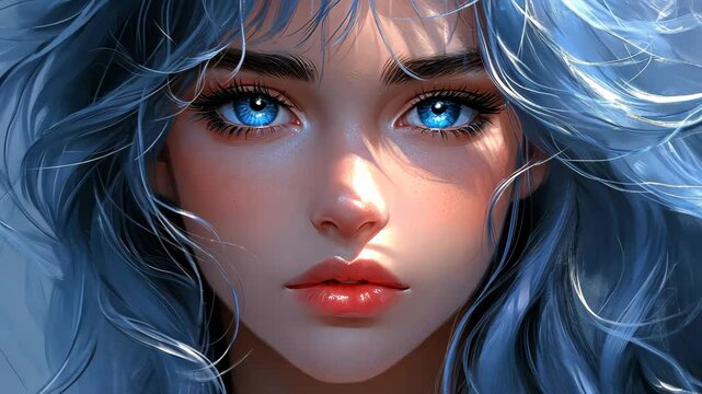 A stunning yearold woman with brown skin and long silver hair, her blue eyes reveal untold emotions in anime style.