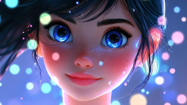 A joyful young girl with big eyes smiles at a vibrant tech world, where soft lights and floating shapes spark her imagination.
