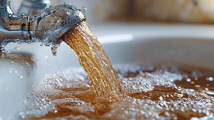 Close-up view of brown water flowing from a faucet.