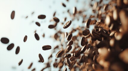 Abstract scene of coffee beans in motion, symbolizing energy and freshness, clean white background generative ai