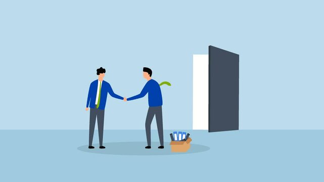 Offboarding process for employee leaving company, 4k animation of businessman manager check hands with leaving employee.