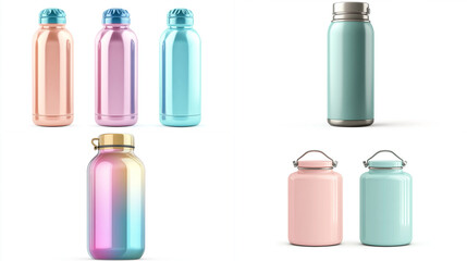 Assorted pastel color water bottles and jars.