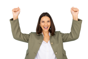 Businesswoman celebrating success with raised fists and enthusiastic expression, isolated on transparent background