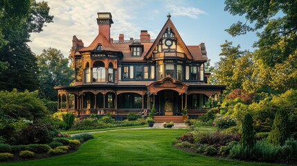 Naklejka premium Majestic Victorian Mansion on a Lush Green Lawn