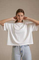 A fashion photography shot of a young woman wearing a loose-fitting white t-shirt and light blue high-waisted jeans. 