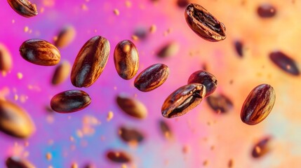 Artistic display of roasted beans suspended mid-air, bright background, energetic style generative ai