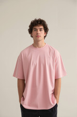A studio portrait of a young man with curly dark hair wearing a plain light pink crew neck t-shirt and dark pants. The subject has a neutral expression and stands with hands in pockets in a casual sta