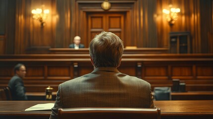 Formal courtroom setting, individual in attentive posture.
