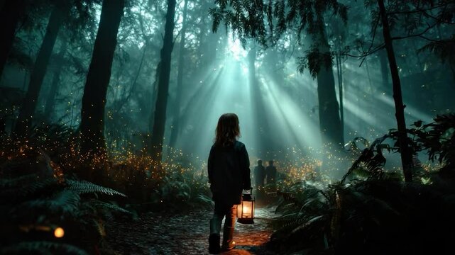 Child with lantern in forest
