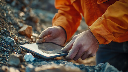 Geologist Examining Rock Sample with Digital Tablet