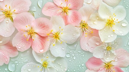 Pink and white flowers, dew drops, pastel background, spring freshness, spa