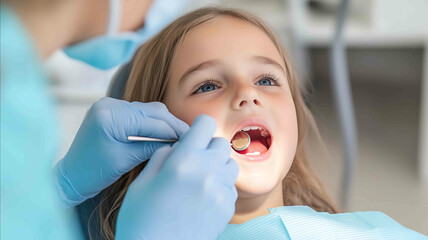 A Russian child 510 years old sits calmly while a dentist in gloves carefully inspects the childs red inflamed gums using a dental mirror The childs face is relaxed and the dentist